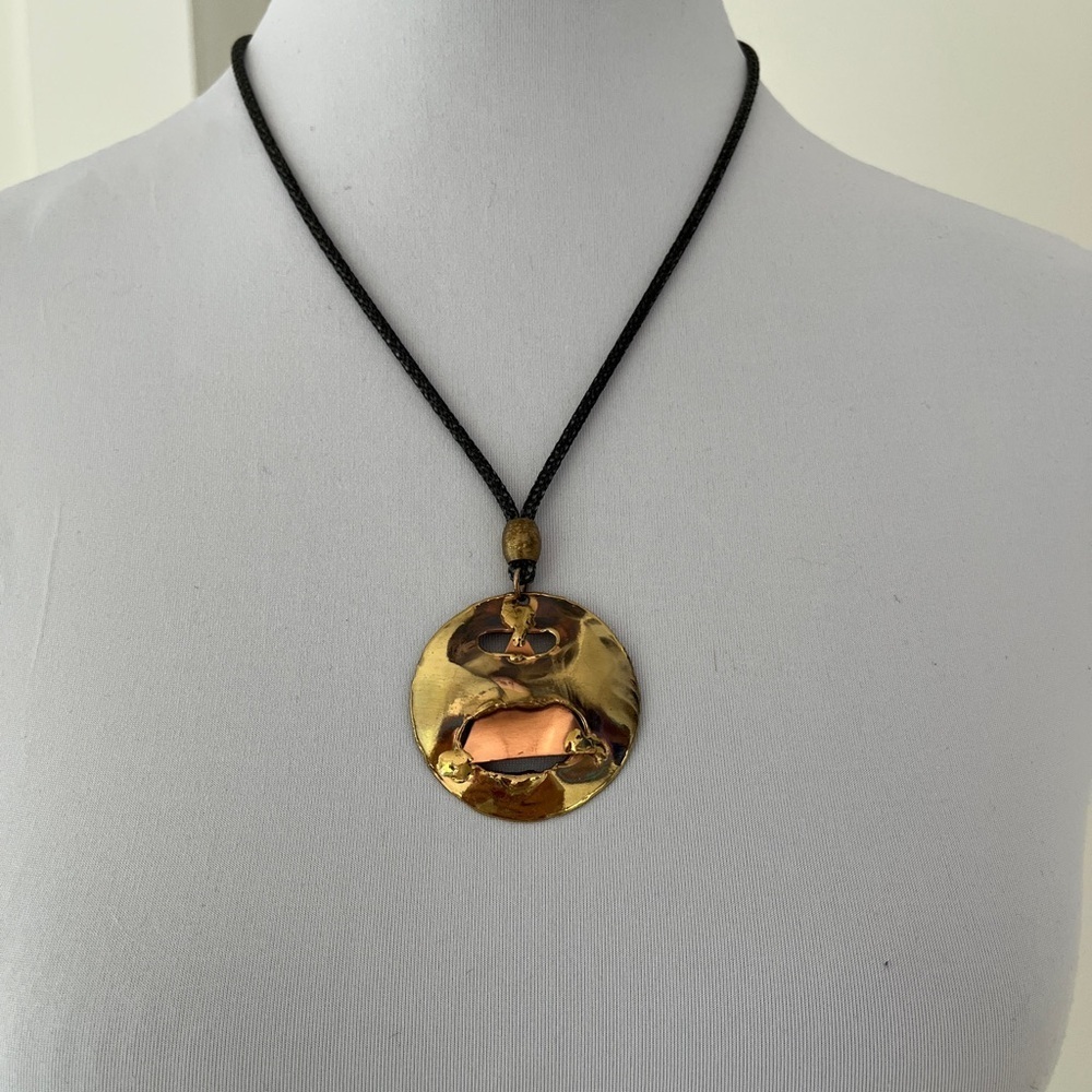 BRASS & COPPER Tone Round Modern Pendant Adjustable Length Cord Necklace Bold